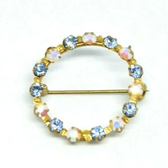 AUSTRIA Signed Blue Glass Rhinestone Brooch - Picture 1 of 5